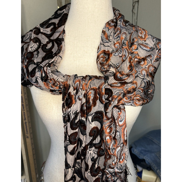 Silk Burnout Velvet Satin Floral Scarf Black Brown Fringe 20 X 68 Inch - Picture 6 of 11